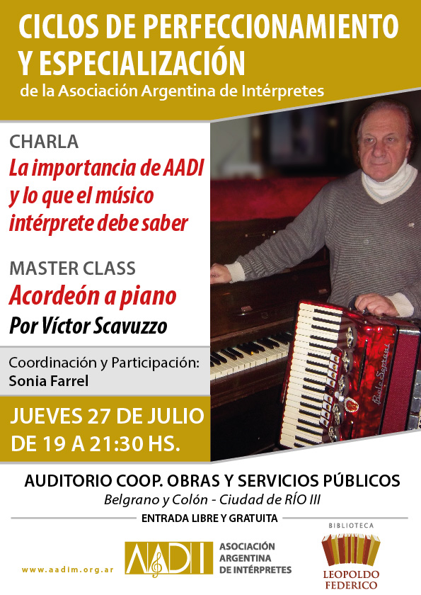 Charla “La importancia de AADI y lo que el músico intérprete debe saber” y Master Class “Acordeón a piano” 